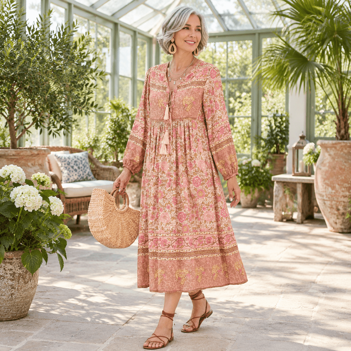 thumbnail image 5 of Apricot Small Women's Long Sleeve Floral Print Midi Casual Boho Dress, 5 of 6