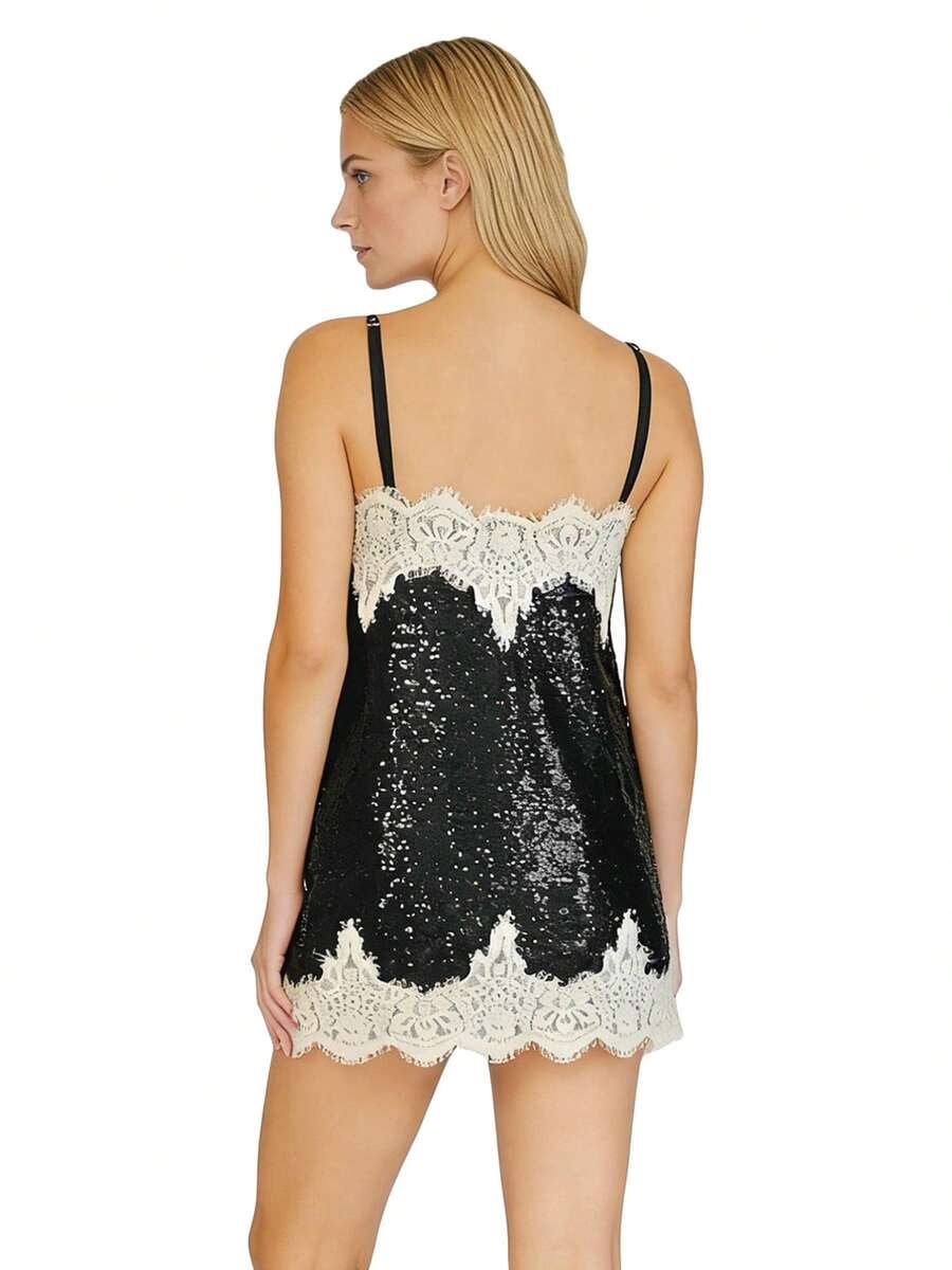 thumbnail image 4 of Black Sequin Slip Mini Dress With Lace Trim V-Neck Sleeveless, 4 of 17