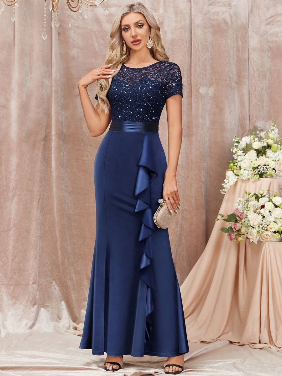 thumbnail image 4 of Blue Sequin Lace Ruffle Mermaid Evening Maxi Dress For Formal Occasions, 4 of 30